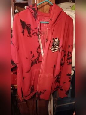 Red Tie-Dye Zip Hoodie with Skull 'Beautiful Disaster' Patch